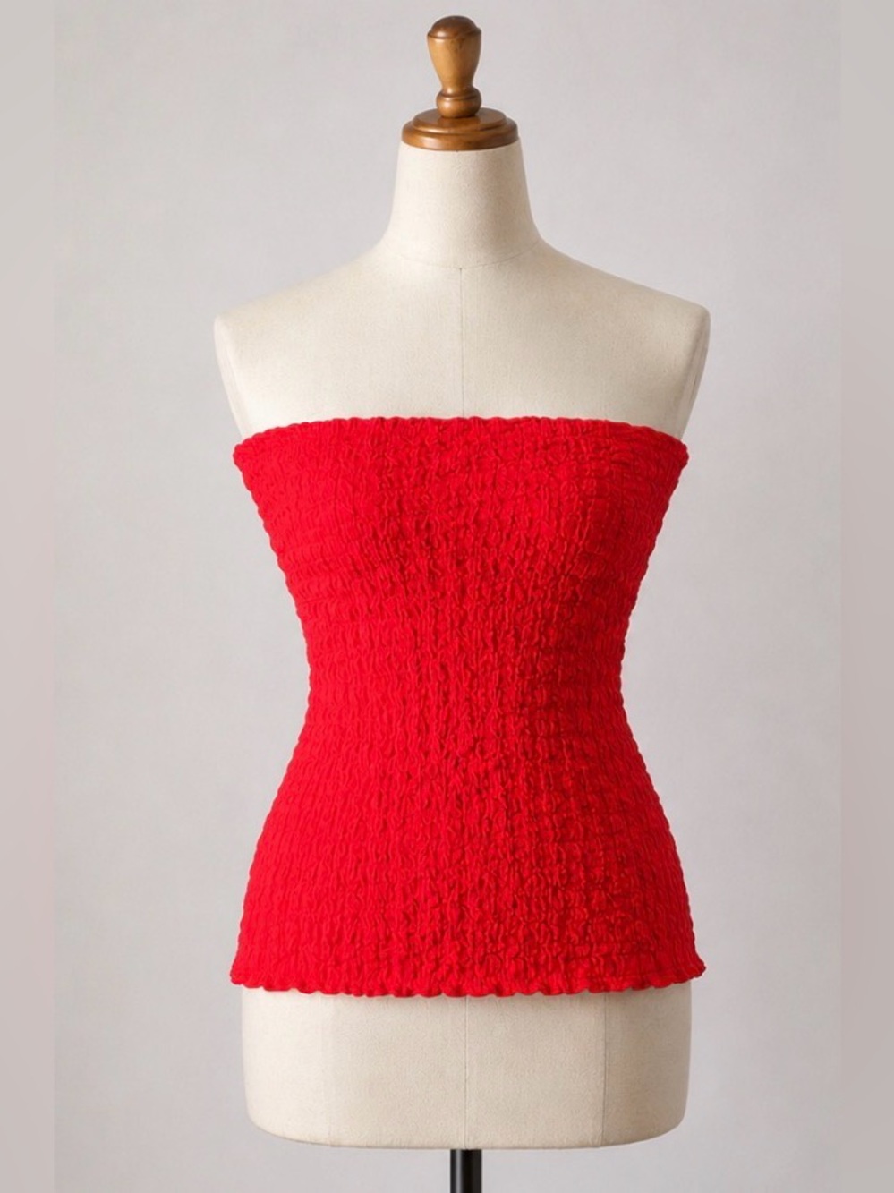 Zara Red Smocked Strapless Tube Top Textured Stretch Bandeau Size Medium NWOT